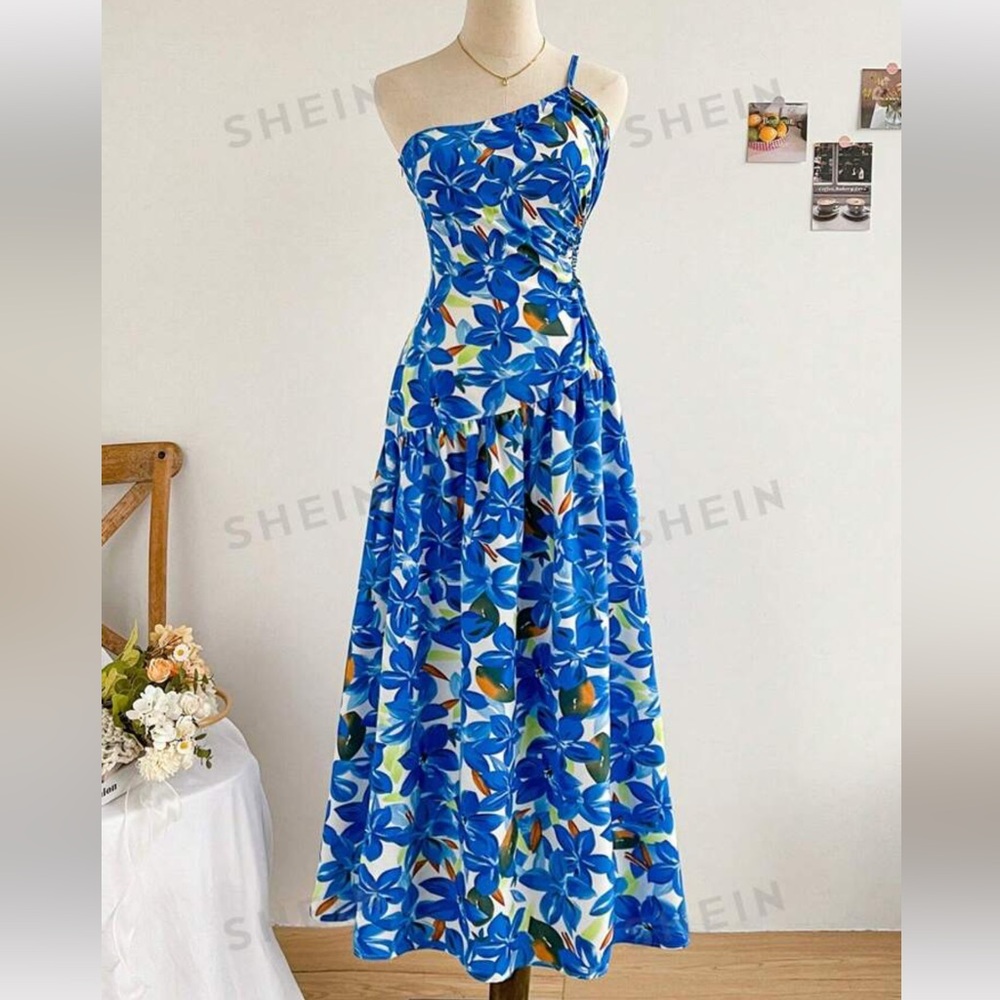 SHEIN Holiday Asymmetrical Neckline Cutout Waist Tropical Floral Dress
